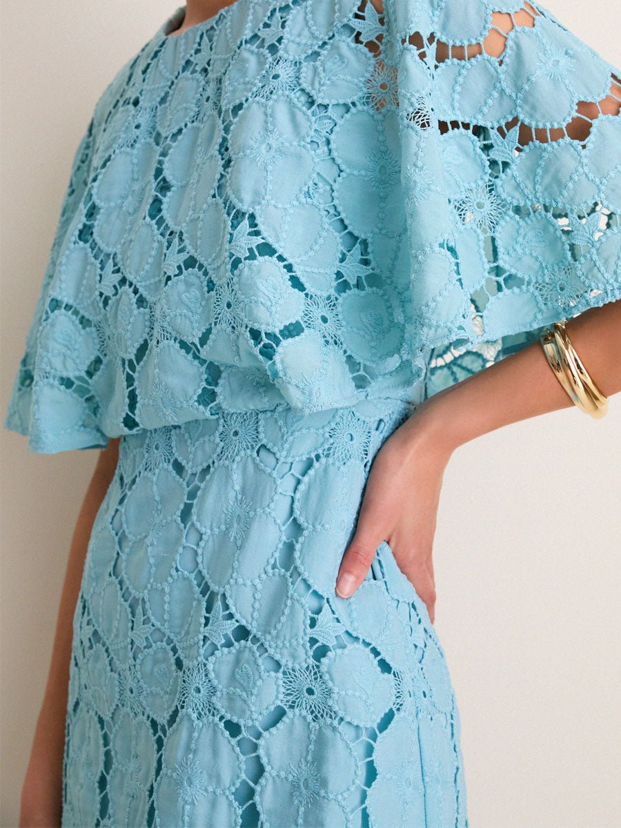 Eyelet Cutout Cape Sleeves Elegant Maxi Dress - allsose