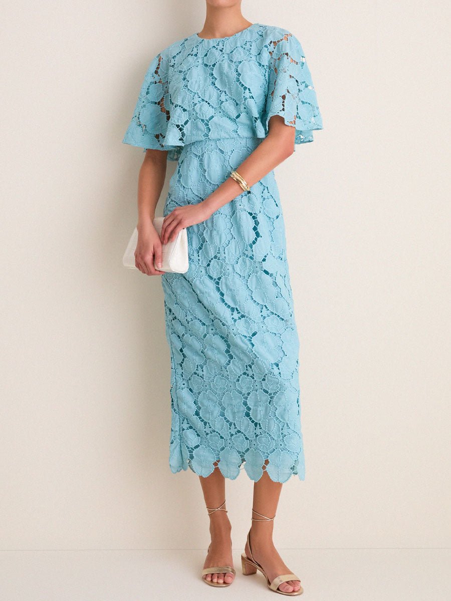 Eyelet Cutout Cape Sleeves Elegant Maxi Dress - allsose
