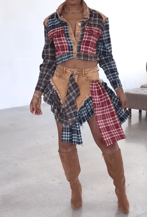 Fab Plaid Jacket & Skirt Set - allsose
