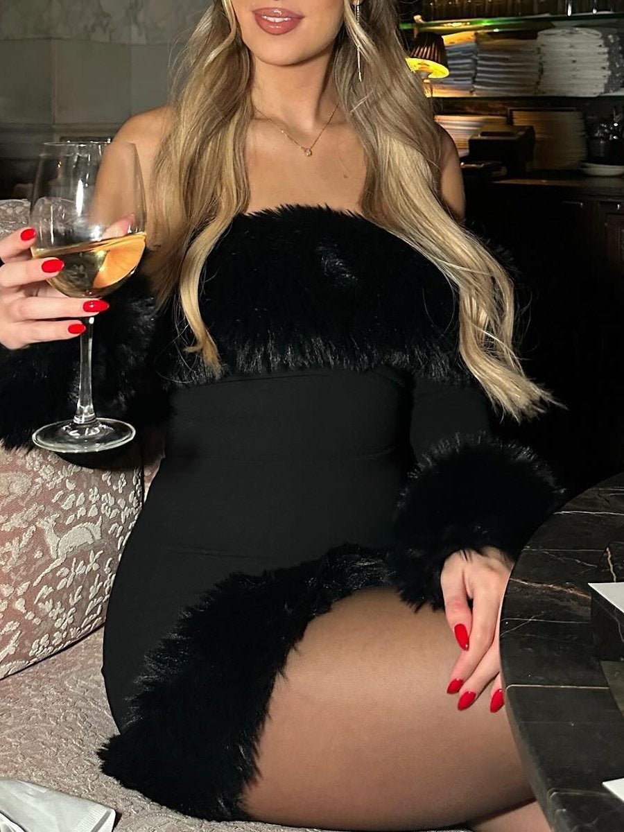 Fashion Fur Collar Long Sleeve Dress - allsose