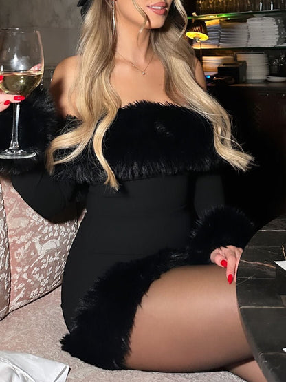 Fashion Fur Collar Long Sleeve Dress - allsose