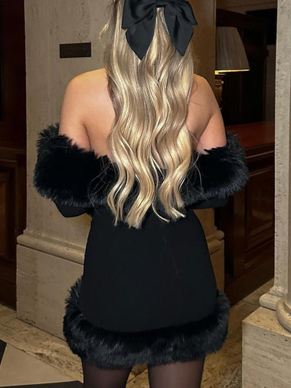 Fashion Fur Collar Long Sleeve Dress - allsose