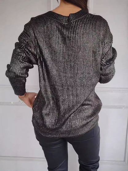 Fashion Knitted V - neck Shiny Sweater - allsose