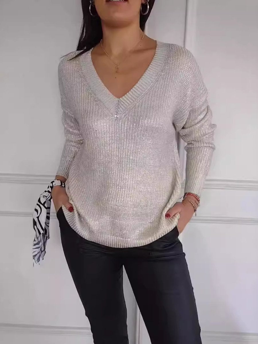 Fashion Knitted V - neck Shiny Sweater - allsose
