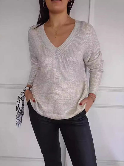 Fashion Knitted V - neck Shiny Sweater - allsose