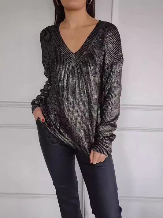 Fashion Knitted V - neck Shiny Sweater - allsose