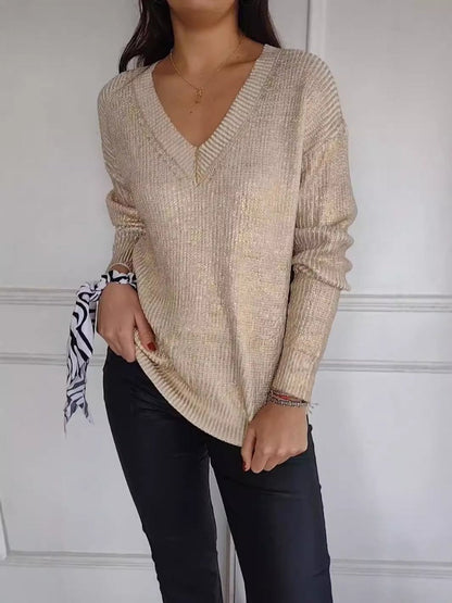 Fashion Knitted V - neck Shiny Sweater - allsose