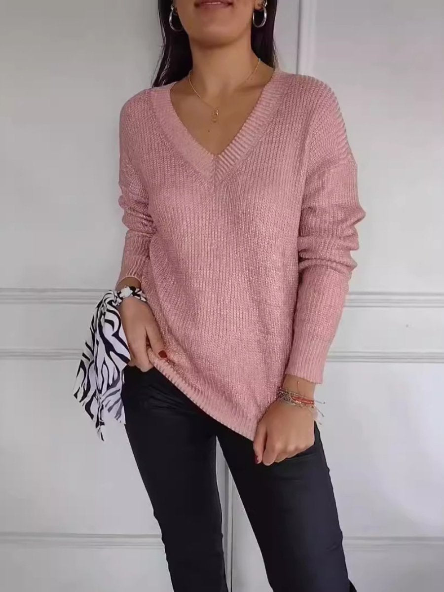 Fashion Knitted V - neck Shiny Sweater - allsose