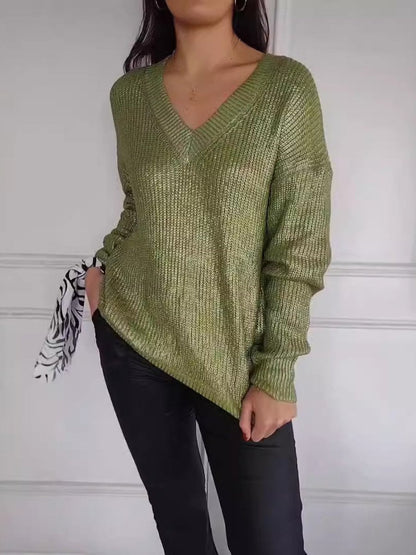 Fashion Knitted V - neck Shiny Sweater - allsose