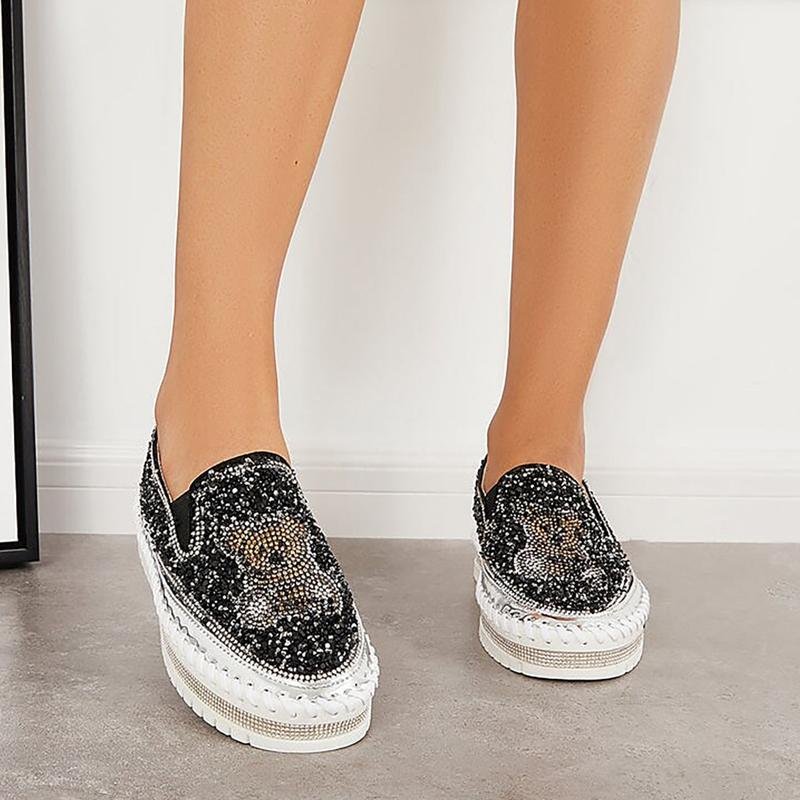 Fashion Rhinestone Sequins Bear Hand - stitched Casual Flat Shoes - allsose
