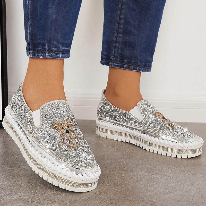 Fashion Rhinestone Sequins Bear Hand - stitched Casual Flat Shoes - allsose