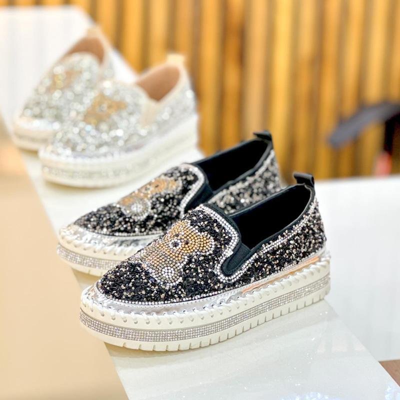 Fashion Rhinestone Sequins Bear Hand - stitched Casual Flat Shoes - allsose