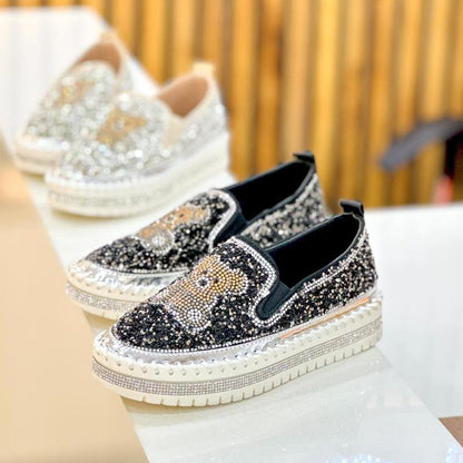Fashion Rhinestone Sequins Bear Hand - stitched Casual Flat Shoes - allsose