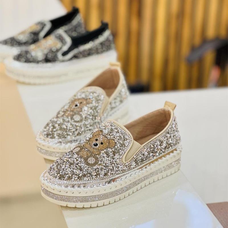 Fashion Rhinestone Sequins Bear Hand - stitched Casual Flat Shoes - allsose
