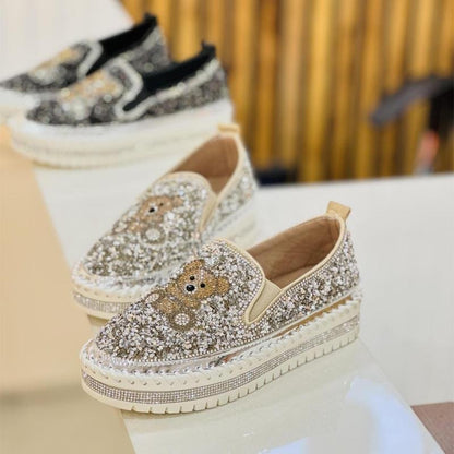 Fashion Rhinestone Sequins Bear Hand - stitched Casual Flat Shoes - allsose