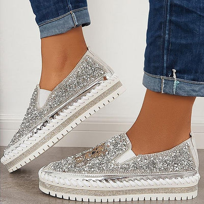 Fashion Rhinestone Sequins Bear Hand - stitched Casual Flat Shoes - allsose