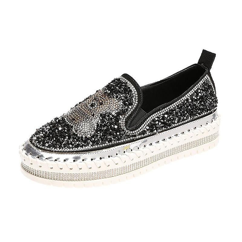 Fashion Rhinestone Sequins Bear Hand - stitched Casual Flat Shoes - allsose