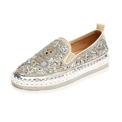 Fashion Rhinestone Sequins Bear Hand - stitched Casual Flat Shoes - allsose