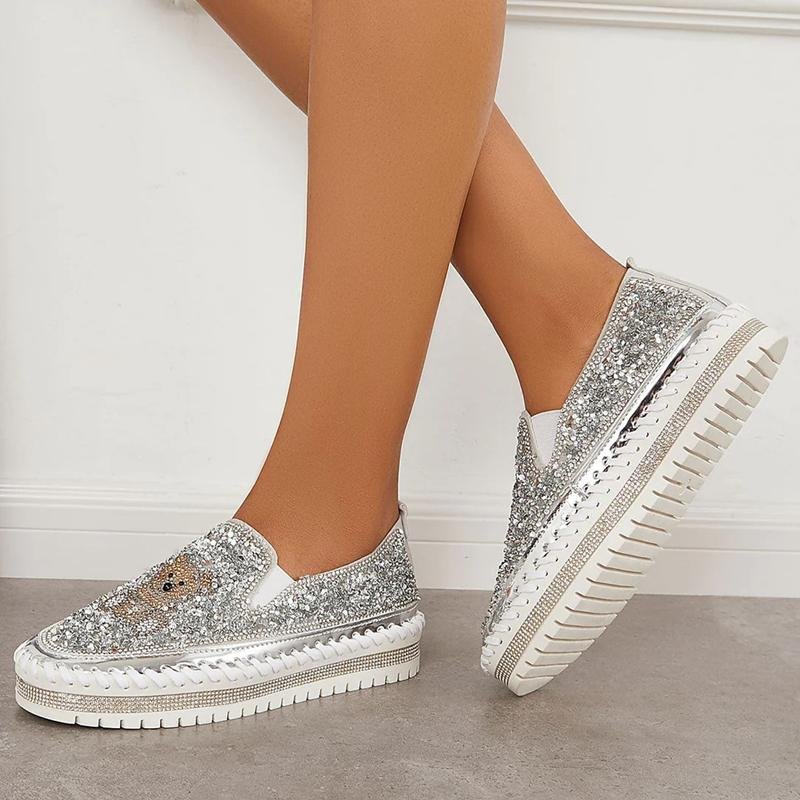 Fashion Rhinestone Sequins Bear Hand - stitched Casual Flat Shoes - allsose