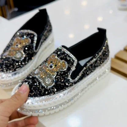 Fashion Rhinestone Sequins Bear Hand - stitched Casual Flat Shoes - allsose