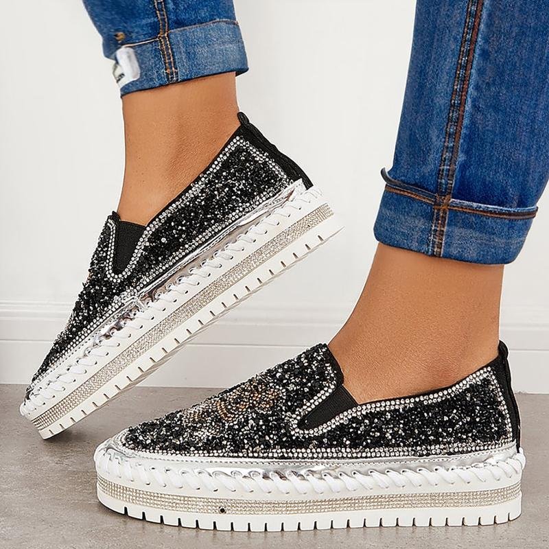 Fashion Rhinestone Sequins Bear Hand - stitched Casual Flat Shoes - allsose