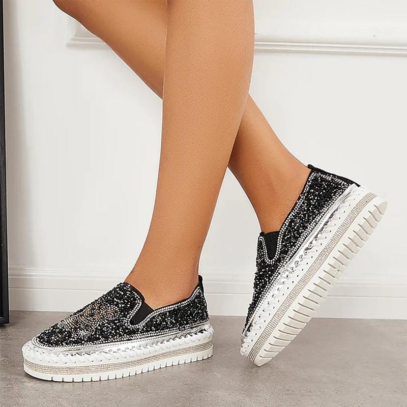 Fashion Rhinestone Sequins Bear Hand - stitched Casual Flat Shoes - allsose