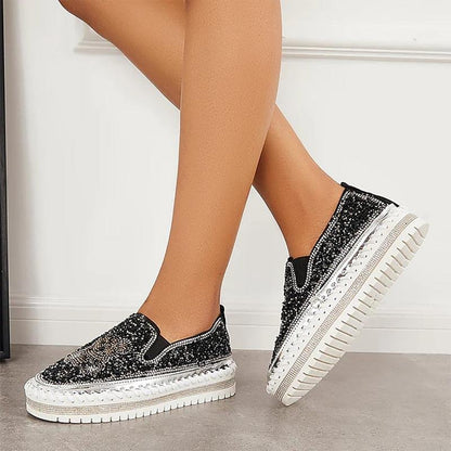 Fashion Rhinestone Sequins Bear Hand - stitched Casual Flat Shoes - allsose