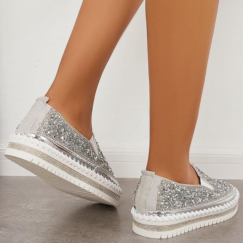Fashion Rhinestone Sequins Bear Hand - stitched Casual Flat Shoes - allsose