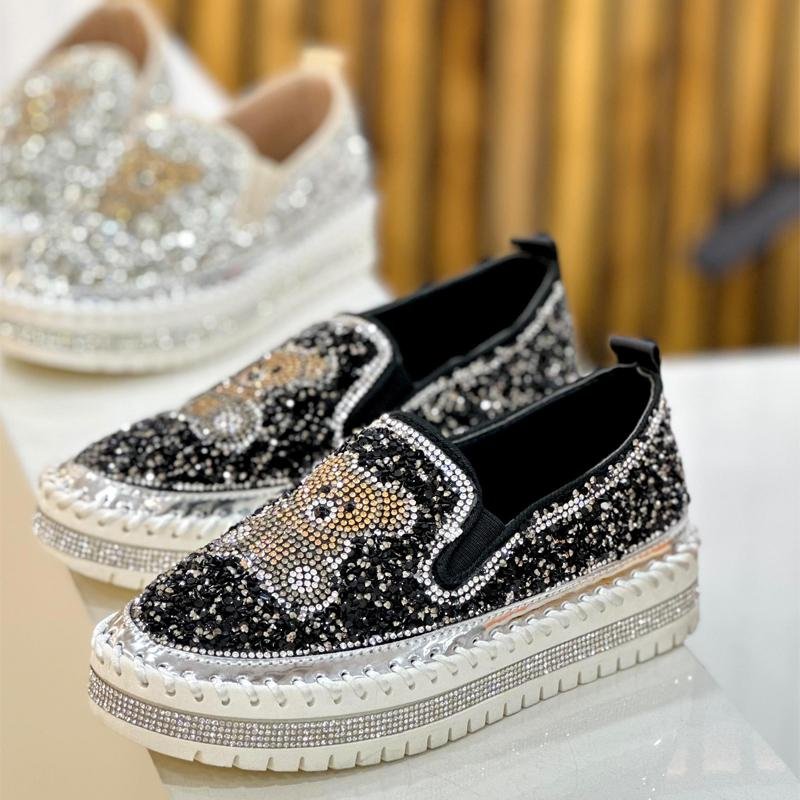 Fashion Rhinestone Sequins Bear Hand - stitched Casual Flat Shoes - allsose