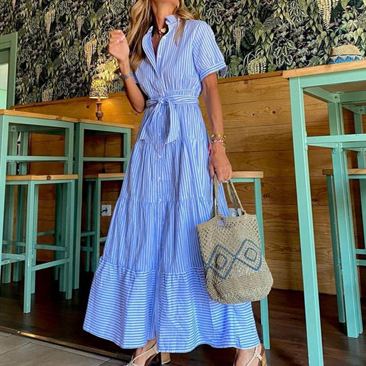 Fashion Striped Tiered Mid Dress - allsose