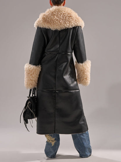 Faux Leather Faux Sherpa Trim Trench Coat - allsose
