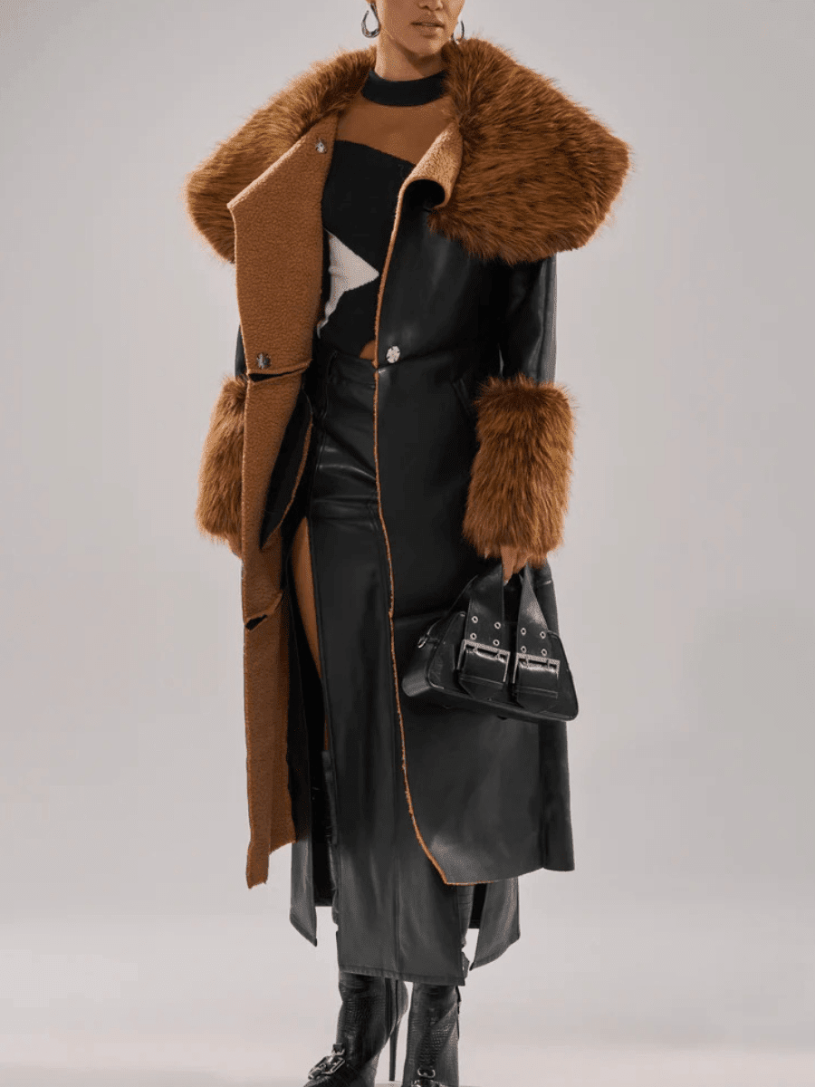 Faux Leather Faux Sherpa Trim Trench Coat - allsose