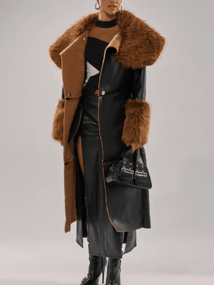 Faux Leather Faux Sherpa Trim Trench Coat - allsose