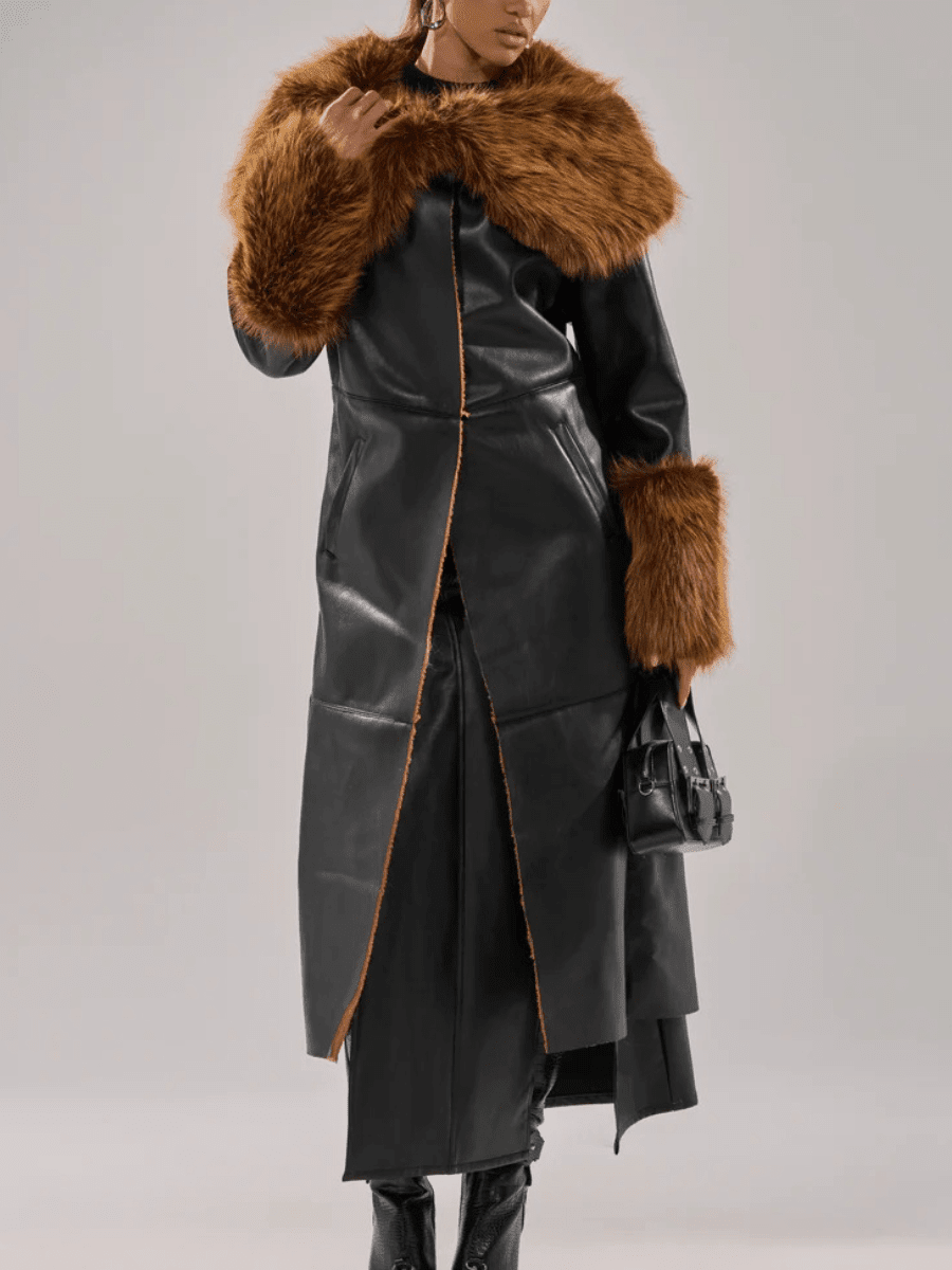 Faux Leather Faux Sherpa Trim Trench Coat - allsose