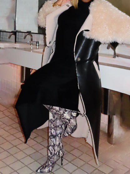 Faux Leather Faux Sherpa Trim Trench Coat - allsose