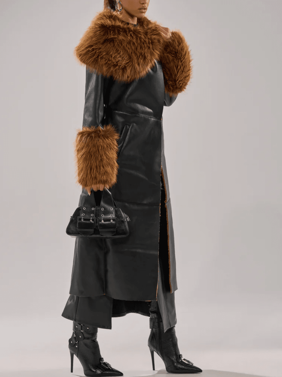 Faux Leather Faux Sherpa Trim Trench Coat - allsose
