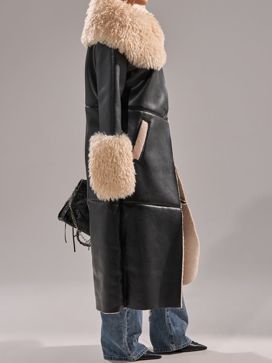 Faux Leather Faux Sherpa Trim Trench Coat - allsose
