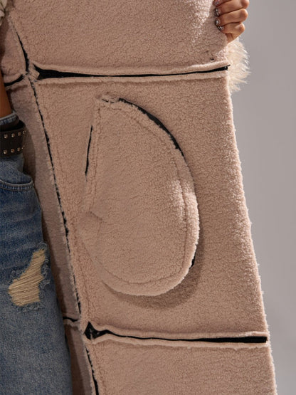 Faux Leather Faux Sherpa Trim Trench Coat - allsose