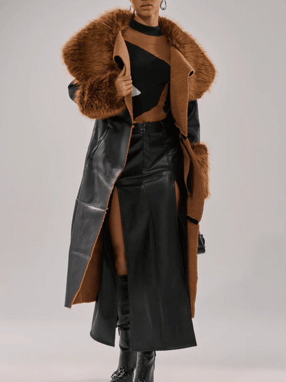 Faux Leather Faux Sherpa Trim Trench Coat - allsose