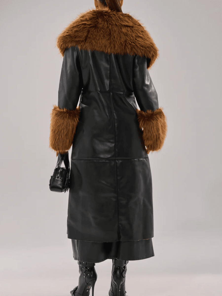 Faux Leather Faux Sherpa Trim Trench Coat - allsose