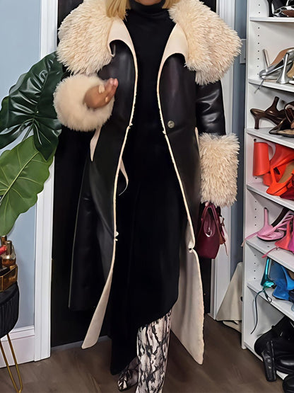 Faux Leather Faux Sherpa Trim Trench Coat - allsose