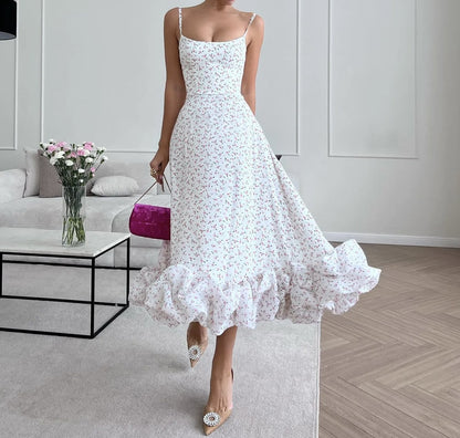 Floral Print Pleated Halter Dress - allsose