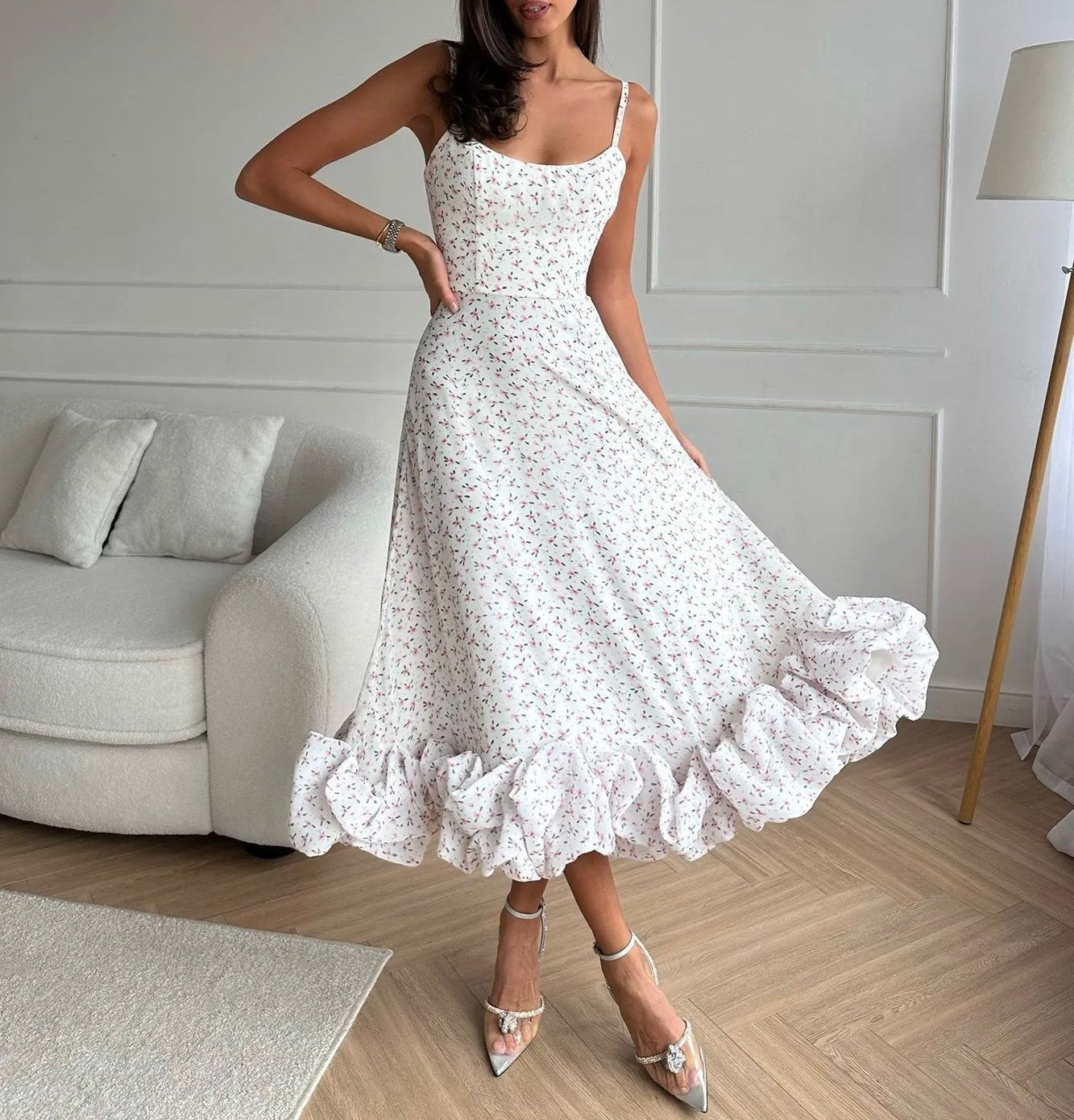 Floral Print Pleated Halter Dress - allsose