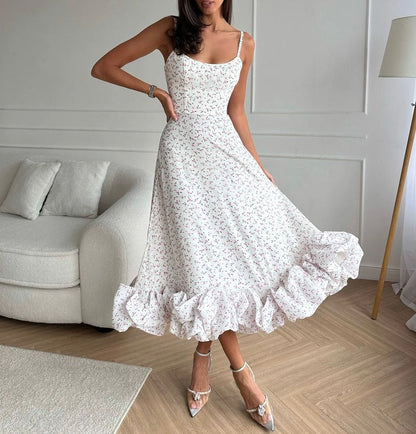 Floral Print Pleated Halter Dress - allsose