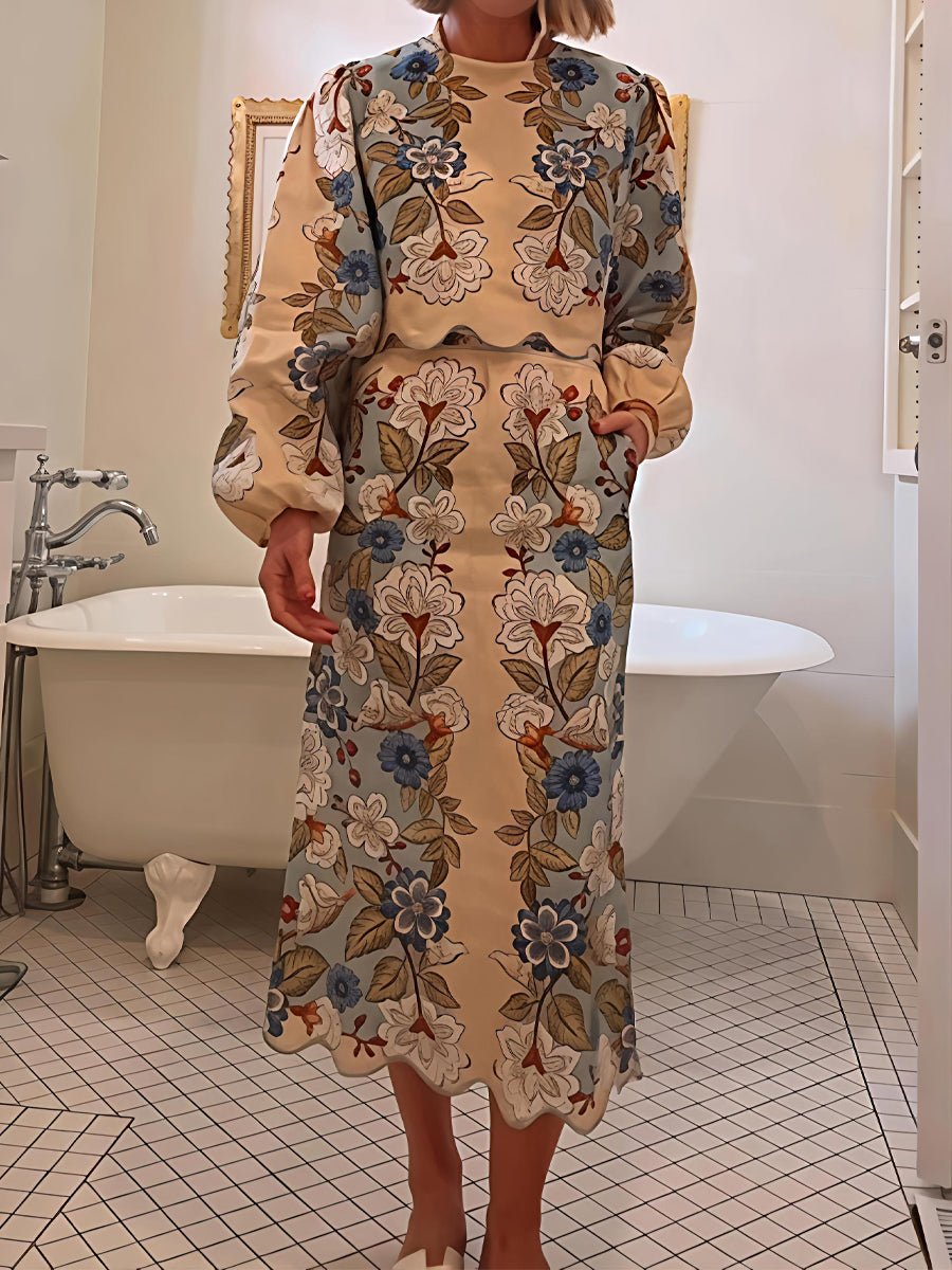 Floral Print Scalloped Hem Two Pieces Dress - allsose