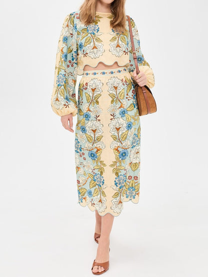 Floral Print Scalloped Hem Two Pieces Dress - allsose