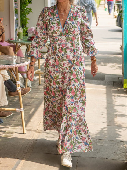 Floral Print V Neck Long Sleeve Maxi Dress - allsose