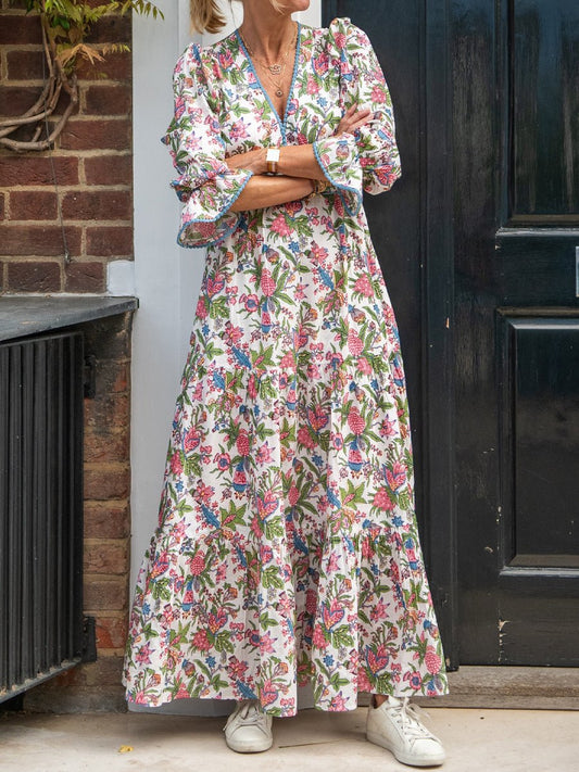 Floral Print V Neck Long Sleeve Maxi Dress - allsose