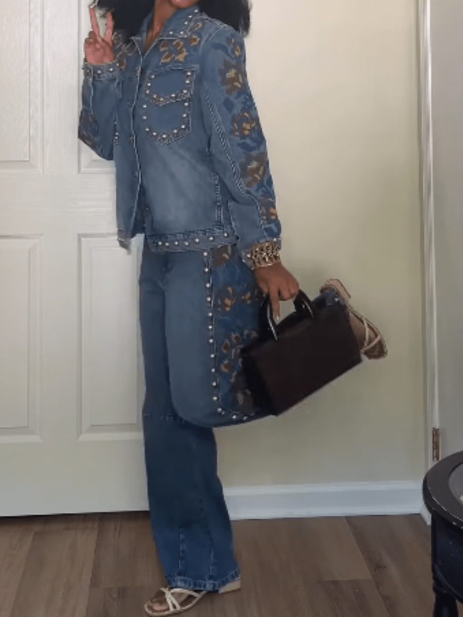 Floral Printed Denim Suit - allsose