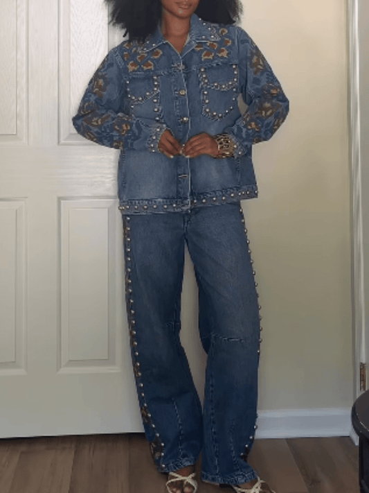 Floral Printed Denim Suit - allsose